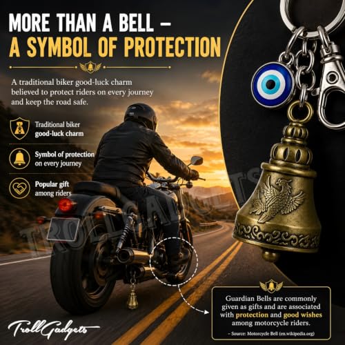 Image of TrollGadgets Premium Guardian Bell Keychain for Bike & Car | Tibetan Texture Bell Keychain with Evil Eye & Silver Hook | Good Luck Charm with Laser-Engraved Box And Potley
