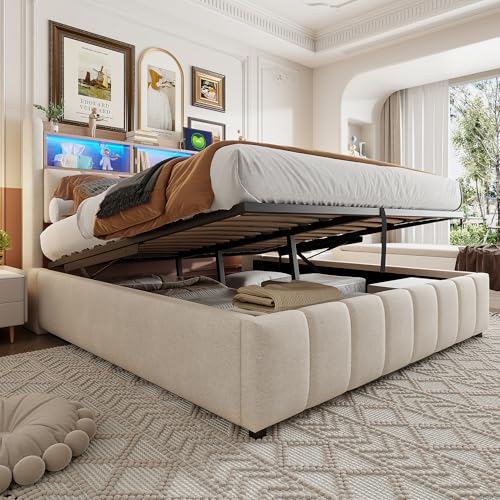 Laxnb Bett 180x200 cm Polsterbett Doppelbett, Jugendbett Betten mit Stauraum, Kopfteil mit LED&USB und Regal, Hydraulisches Stauraumbett Bettgestell Bett mit Lattenrost, Leinen Beige, Ohne Matratze Laxnb Bett 180x200 cm Polsterbett Doppelbett, Jugendbett Betten mit Stauraum, Kopfteil mit LED&USB und Regal, Hydraulisches Stauraumbett Bettgestell Bett mit Lattenrost, Leinen Beige, Ohne Matratze