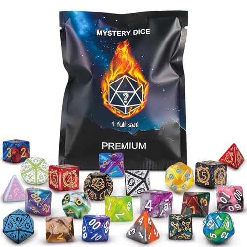 QMAY Set di 7 dadi poliedrici misteriosi, stile casuale, per giochi da tavolo Dungeon and Dragons MTG RPG DND D20 D12 D10 D% D8 D6 D4 (7)