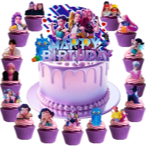 AUNGKWANG 16 Pièces Huntrix Cartoon Cake Toppers, Decoration Gateau Anniversaire Enfant, Décorations de Gâteau Happy Birthday pour Anniversaire d'enfant