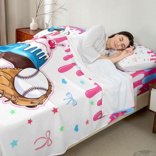 Image of Castle Fairy Baseball Cap Bed Sheets Queen Size,Ice Cream Cherry Dessert Bedding Set, Game Sports Graffiti Boys Girls Room Decor,Bule Sheet(Fitted+Flat+2 Pillowcases)
