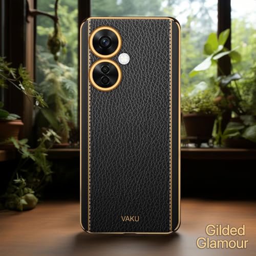 Image of Vaku Luxos Luxemberg Back Cover for OnePlus Nord CE 3 Lite 5G with Leather Pattern Gold Electroplated Soft TPU Cover Shockproof Protective Case- Black