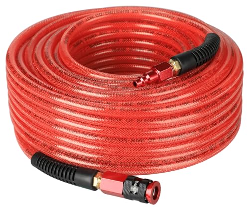 EADUTY Heavy Duty Reinforced Polyurethane Air Hose 1/4 in x 100 ft Lightweight Flexible Compressor Hose with Universal Quick Coupler Plug and Bend Restrictors Red