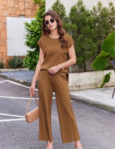 Image of Ekouaer Lounge Sets for Women Two Piece Outfits Knit Cap Sleeve Tops Wide Leg Pleated Pants Casual Dressy Sweater Sets
