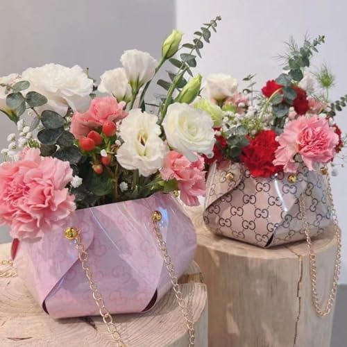 Image of Oasis Pack of 10 Flower Bouquet Gift Bags with Handles | Valentine's Day Gifting Bags for Her & Him | Goodie Bags for Wedding Return Gifts, Birthday, Bridal & Baby Shower | 14 x 15 x 12 cm | Pink