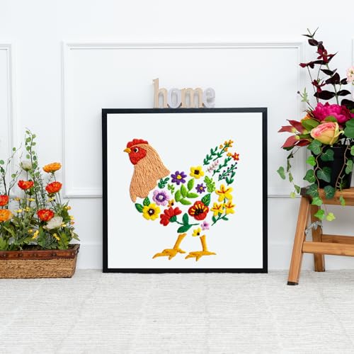 Image of Louise Maelys Hen Embroidery Kit for Beginners Farmhouse DIY Craft | Cross Stitch Kits Include Pre-Printed Fabric, Embroidery Hoop, Threads, Needles and Guide. Needlepoint Kit for Adults