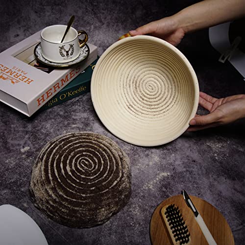 Banneton Bread Proofing Basket Set, For Sourdough Bread Baking, Brotform Dough Rising Bowl, 9Inch Round Rattan Basket With Baking Tools Kit, Cloth Liner, Scoring Lame, Scraper, Brush, Gifts For Bakers #TOP4