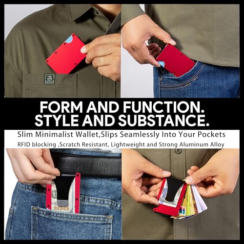 Image of Minimalist Wallet for Men, Slim Metal RFID Blocking Wallet Credit Card Holder Money Clip & Cash Strap, Scratch-Resistant Holds 15 Cards,Ideal Gift for Men | Matt Red