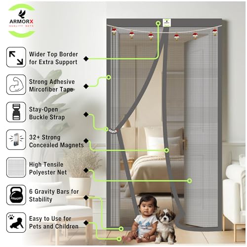 Image of ARMORX Premium Collection Magnetic Mosquito Net for Doors | Self Closing Magnets & Stay-Open Buckle Feature | Incl. Toran for Classy Look & Decor | Royal Grey -185cm x 120cm