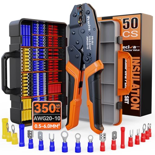 Preciva Pince à Sertir avec 350 Pièces Cosses Electriques & Coffret, 0.5-6mm² (AWG20-10), 18 Types, Isolées pour Réparations Électriques