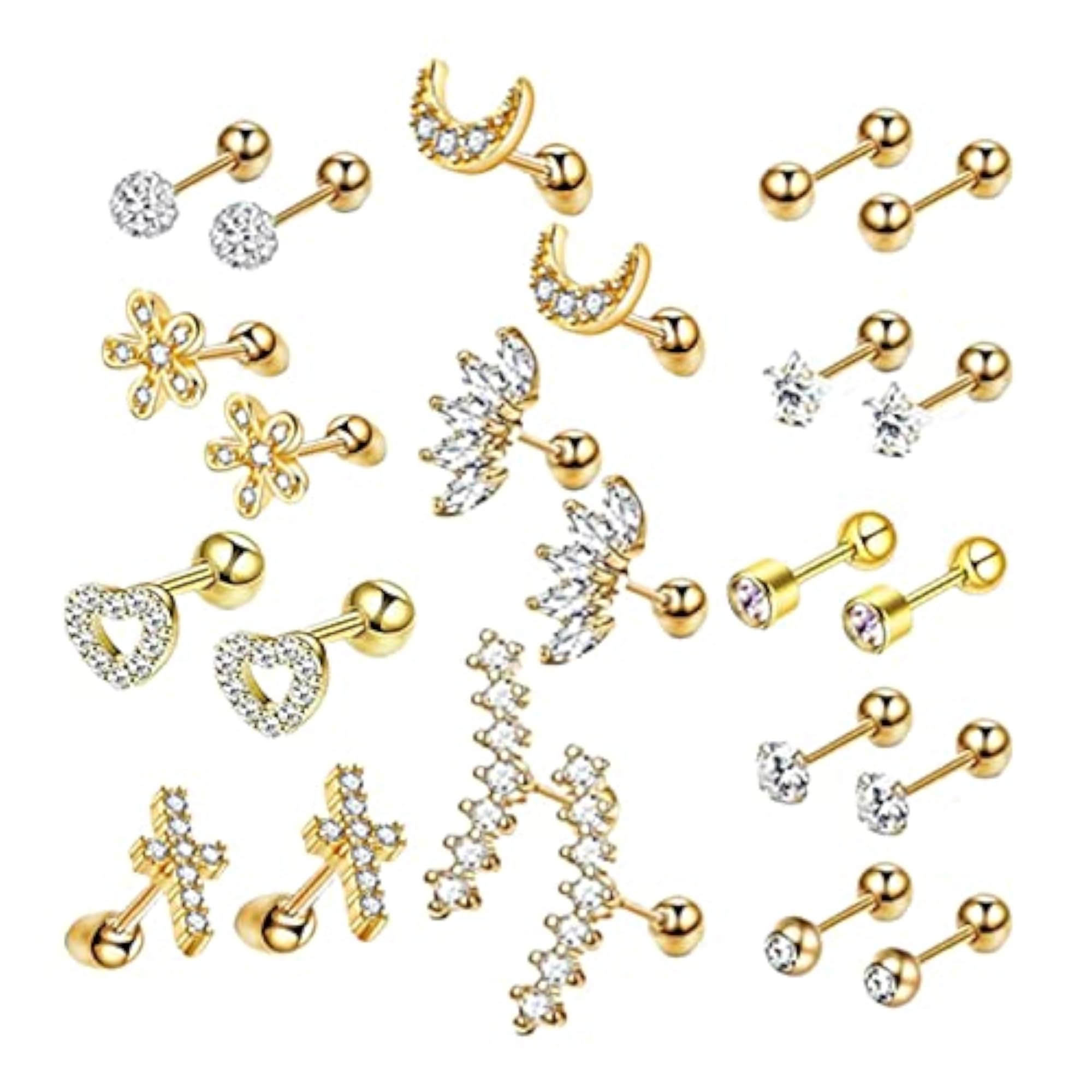 24pc Gold Stud Earrings Set for Men & Women, Flatback