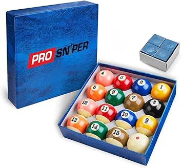 Prosniper Billiard Balls - 16 Premium Pool Ball Set Including 4X Cue Tips and 4X Blue Chalk I 6 oz & 2.25 inches I Pool Table Accessories for Beginners & Professionals I Made of Pure Resin