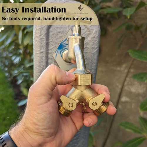 Little Gardener 2 Way Brass Hose Splitter - All Metal Body - Y Connector And Garden Hose Adapter For Outdoor Faucet Use - Heavy Duty Wye Fittings To Connect To Outside Water Hose Bib - Double Valve thumb #2