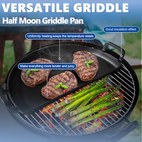 Image of SafBbcue Cast Iron Half Moon Griddle Pan for Weber 22 inch Kettle Charcoal Grill Parts, Half Moon Cooking Grate for Slow n Sear, VEVOR, Kamado, Big Green Egg 22 inch Charcoal Kettle Grill Accessories