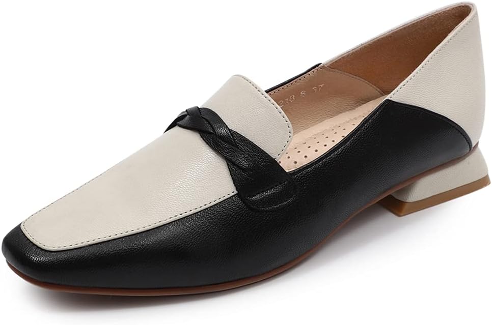 Mona flying Women's Leather Square Toe Penny Loafer Comfort Dress Casual Slip on Flat Office Work Shoes for Ladies