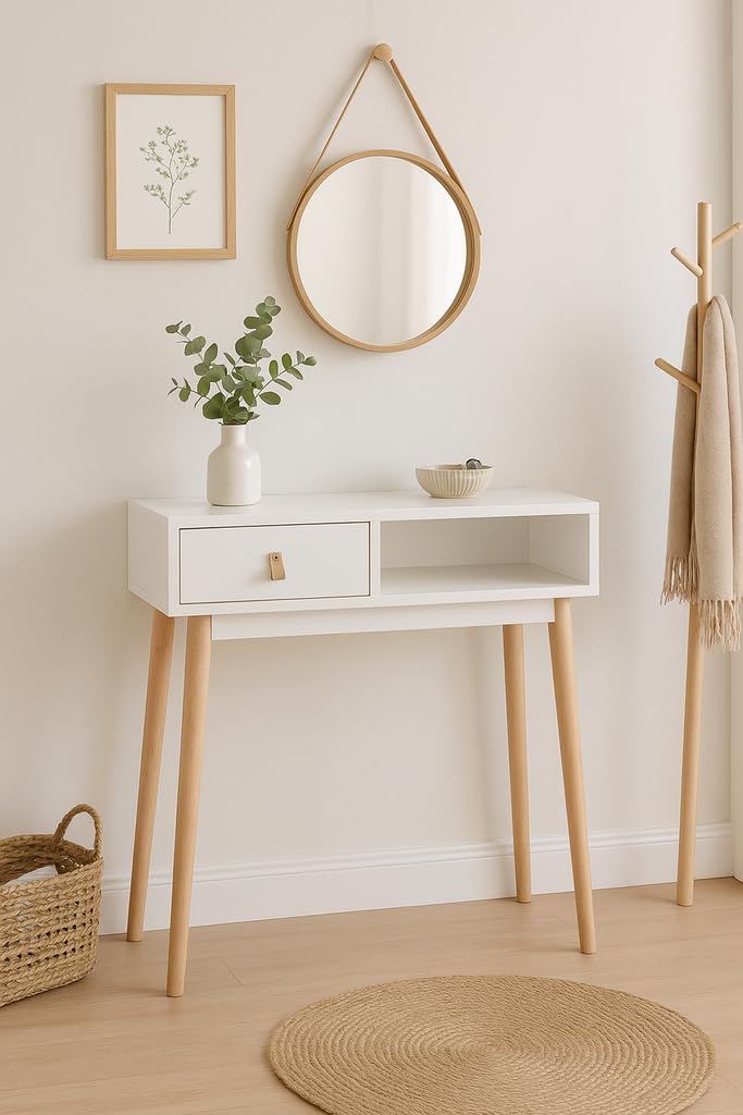 Recibidor Blanco con 1 Cajón y Patas de Madera de Haya – 80x30x60 cm – Consola Moderna de Entrada con Tirador en Símil Cuero