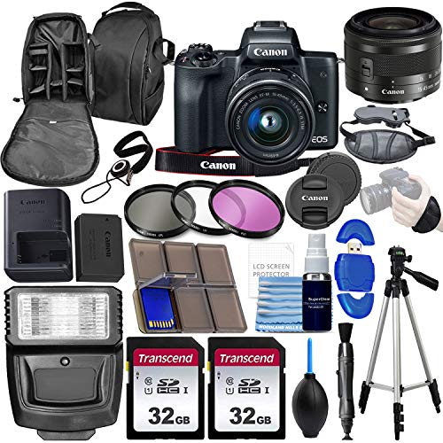 Canon EOS M50 Mirrorless Digital Camera with EF-M 15-45mm Lens Kit (Black) 4K Video with 64gb Memory + Flash +Tripod + Advanced Photo Video Bundle