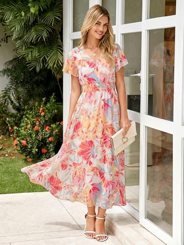Image of Simplee Womens Floral Maxi Dress - Short Sleeve Summer Boho Wedding Guest Dress Empire Waist Chiffon Modest Midi Dresses