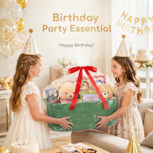 Image of OIASKET Large Empty Cotton Rope Gift Basket with Handles, 16.5 inchx12.6 inchx7 inch Decorative Woven Storage Basket with Gift Bag and Ribbon Set for Baby Shower, Toy Organizer for Kids, Dogs & Cats - Green