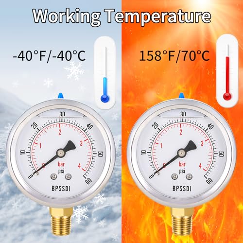 Image of 0-60 Psi Glycerin Liquid Filled Low Pressure Gauge, 2.5 inch Dial Size, 1 /4 inch NPT Lower Mount, 304 Stainless Steel Case, for Water Oil Air Pressure Test, Refrigeration Systems(Such as Evaporators)