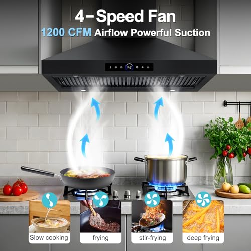 Image of 48 inch Range Hood Wall Mount, 1500 CFM with 4-Speed Gesture Sensing & Touch Control, Stainless Steel Ducted Kitchen Stove Vent Hoods with 4 LED Lights, Time Setting, Dishwasher-Safe Baffle Filters