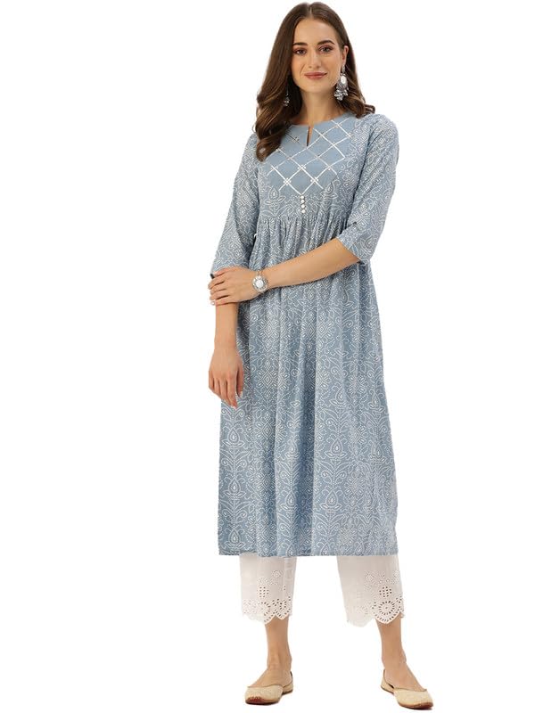 Varanga Women's Blue & White Floral Printed A-Line Kurta | Comfortable Cotton Fabric | Stylish Ethnic Wear (Double Extra Large)