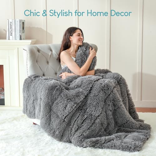 Image of Cottonblue Faux Fur Weighted Blanket 15lbs, Soft Fuzzy Luxurious Fluffy Heavy Blanket, Plush Sherpa Dual Side Cozy Warm Throw Blanket for Bed Couch Sleeping, Grey, 48x72 inches