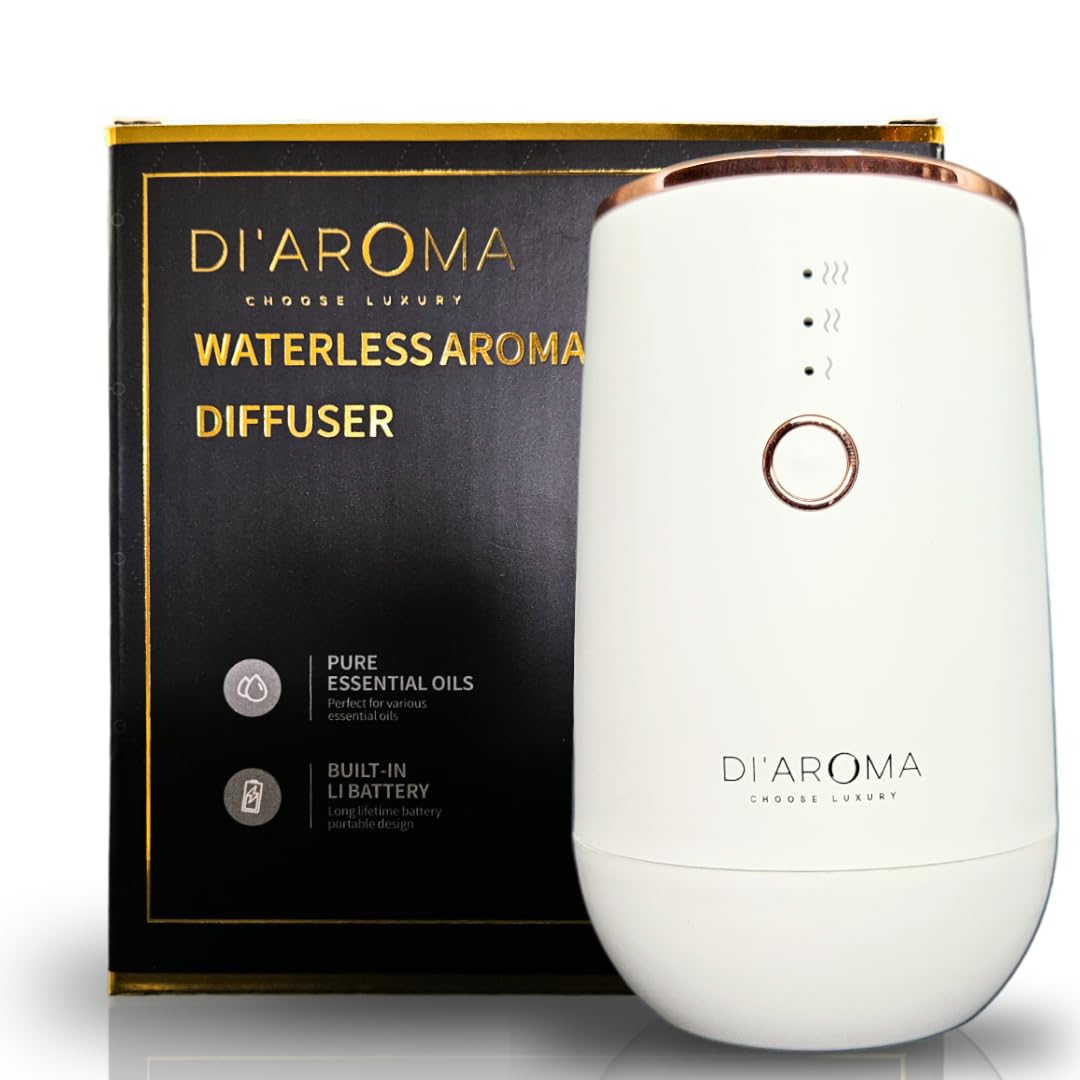 Di'Aroma Waterless Portable Aroma Oil Diffuser (White) Rechargeable USB Type-C, Aromatherapy 100% Pure Concentrated Essential Oil Nebulising Diffuser for Car, Office, Home, Bedroom,Spa.