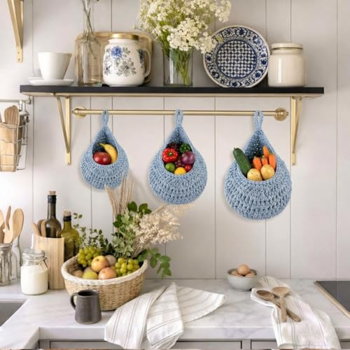 Image of Honeydak 3 Hanging Baskets, Light Blue, Teardrop, Cotton Rope