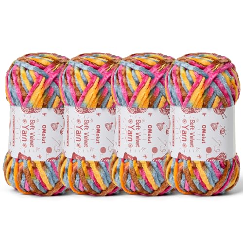 Image of 4x100g Fluffy Velvet Chenille Yarn for Crocheting and Knitting, 4x80m (87.5yd) Baby Yarn for Crocheting Soft, Crochet Chunky Yarns Amigurumi Yarns (4 Sunrise)