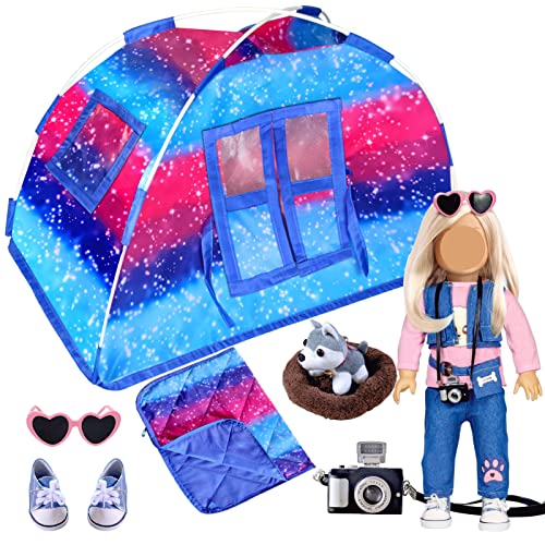 WONDOLL [Improved Version] 18-inch-Doll-Clothes and Camping-Tent-Set Doll Accessories - Including Doll Tent Sleeping Bag, Clothes Shoes, Camera Eye Glasses, Toy Dog & Doghouse Doll Furniture