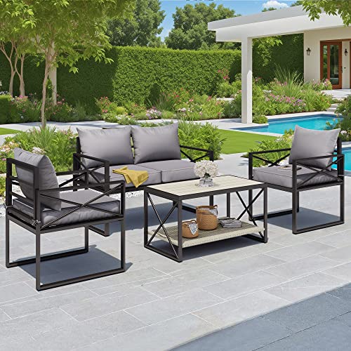 Yitahome 4-Pieces Metal Patio Furniture Set, Outdoor Conversation Set With Oversized Couch, Wicker Coffee Table, Balcony Sectional Furniture For Backyard Poolside Porch - Grey & Black #TOP6