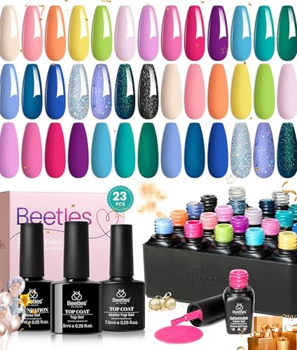 Beetles 23Pcs Gel Nail Polish Set with Base Gel Top Coat Summer Bright Colors, 2024 Summer Gel Polish Kit Blue Pink Purple Orange Green Glitter Soak Off Uv Led Nail Gel Trendy Rainbow Nail Art