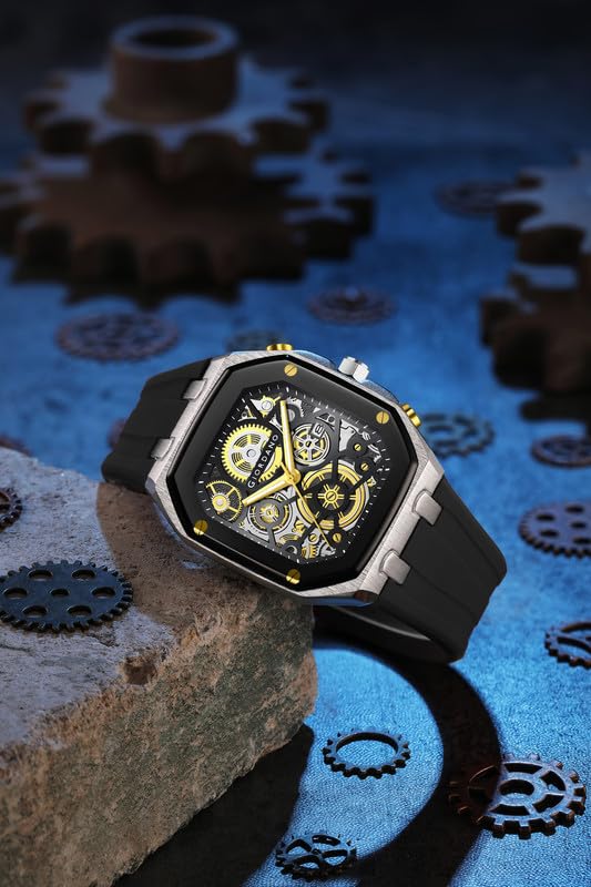Image of Giordano Analog Quartz Watch for Men with Octagonal Skeleton Dial, Exposed Gear Design, Date Display and Silicone Strap - GZ-50221
