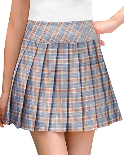 Image of MANGOPOP Women Girls High Waist Pleated Skater Tennis School Uniform A-line Skirts (Grey(Plaid), Small)