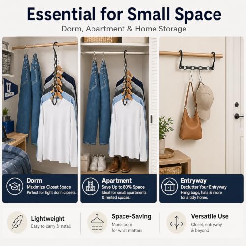 6 Pack Black Space Saving Hangers for Closet Organizers and Storage, 9.4 inch with 5 Enclosed Anti-Slip Hole, Clothing Hangers for Small Apartment & Small Closets and Dorm Room Essentials — view 5