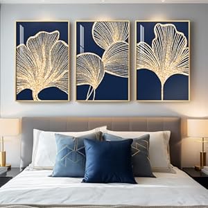 Framed Modern Luxury Wall Art for Bedroom, Large Navy Blue and Gold Ginkgo Leaf Artwork for Walls, 3 Piece Contemporary Bright Style Floral Prints for Living Room Office Hallway Wall Decor, 24×36 Inch
