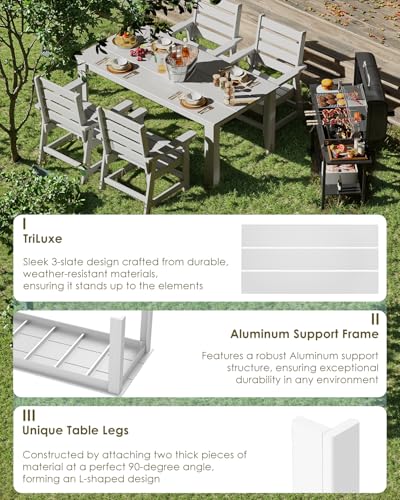 Image of GREENVINES Outdoor Dining Table | 67'' | HDPE | Rectangle Tables for 6 | All-Weather | Umbrella Hole | Patio Furniture | for Poolside Backyard Garden | White