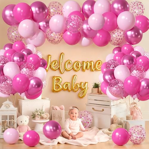 Image of Pink Balloons Hot Pink Balloons, 50pcs Light Pink Metallic Chrome Dark Pink Confetti Latex Party Balloons for Girls Women Birthday Bridal Shower Wedding Princess Party Decorations