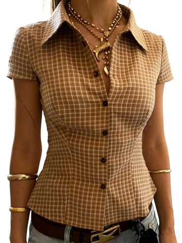 Image of Womens Short Sleeve Button Up Shirts Y2k Slim Fit Lapel Collar Pleated Business Blouses Casual Basic Solid Office Shirt (Brown Plaid, S)