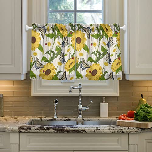 ALAZA Butterflies Sunflowers Daisies Kitchen Curtains 24 Inch Length Curtain for Bathroom Tier Curtains Sets Blackout Curtains Short Curtains Tier Rod Pocket Window Curtains Set 2 Panels