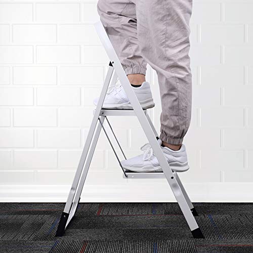 Delxo 2 Step Stool,2 Step Folding Step Stool with Handgrip, Lightweight But Heavy Duty 2 Step Ladder Multi-Use for Household, Kitchen and Office Portable 2 Step Steel Ladder 330lbs White (2 Feet)