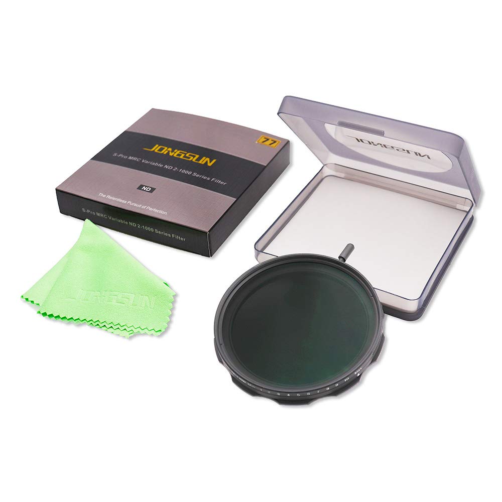 JONGSUN Filtr ND o zmiennej średnicy 77 mm, S-Pro MRC 16-warstwowe nanopowłoki, ponad 10-stopniowa regulacja ND2-ND1000, zestaw ściereczek do obiektywów, filtr neutralnej gęstości aparatu