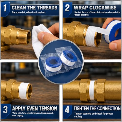 Image of 10 Pcs 3 /4 inch x 520 inch PTFE Thread Seal Tape 5.9 Mil Individual Pack | High Density Plumber Tape for Pipe Fittings, Threaded Connection, Water Line, Bathroom Repair, Waterproof Pipe Thread Sealant