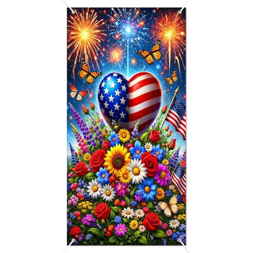 Image of BissYard Patriotic Door Cover 71 x 35 Inches 4th of July Door Banner American Flag Heart Fireworks Floral Independence Day Front Door Decoration Indoor Outdoor Porch USA Theme Decor