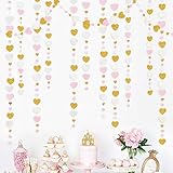 52 Ft Valentines Day Pink Gold and White Love Heart Garland Hanging Paper Streamer Banner for...