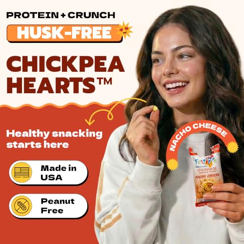 Image of Festive Chickpea Hearts - Crunchy Nacho Cheese Garbanzo Beans - Husk-Free Roasted Chickpea Snacks - Vegan Snacks with 5g Protein Per Serving Plant Based, Halal, Gluten Free, Dairy Free - 1oz 12 Pack