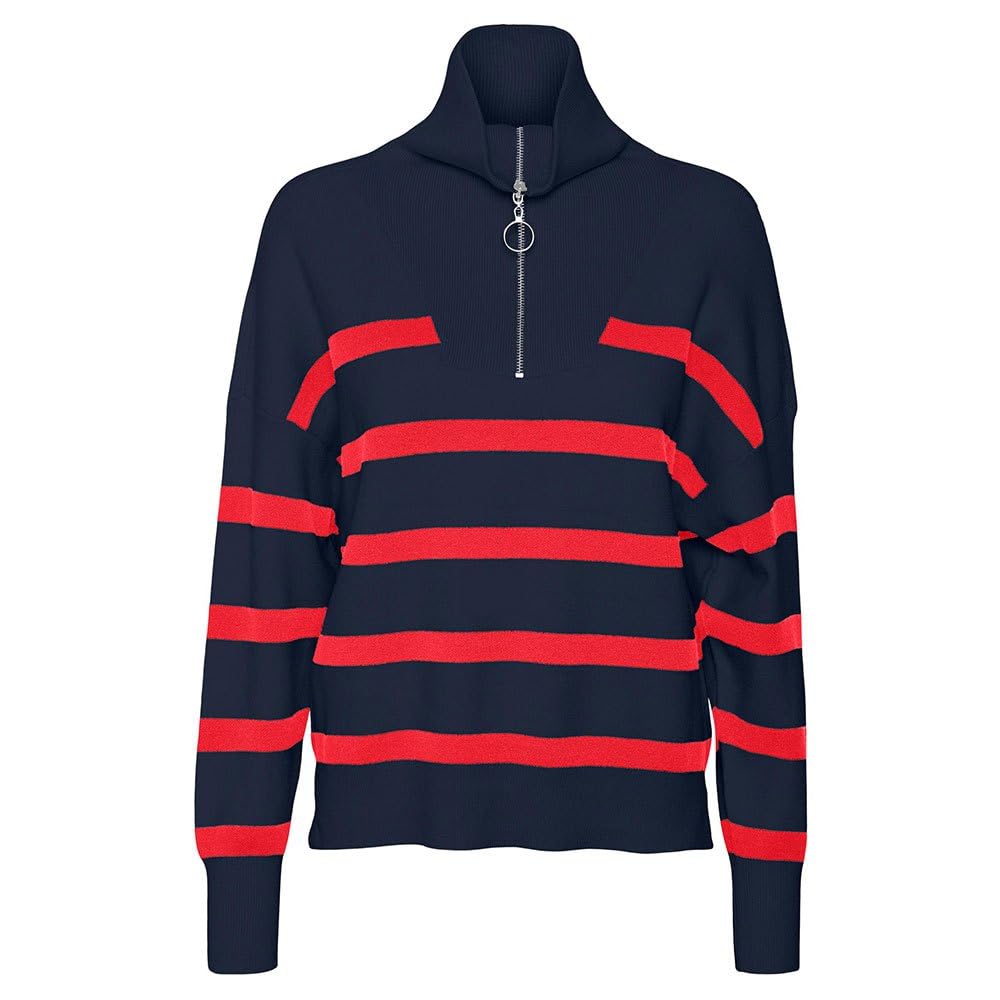 VERO Moda Female Knitted Jumper VMSABA Stripe LS Highneck Blouse GA NOOS, Blazer Navy, M