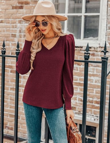HOTOUCH Women's Knit Shirt Soft Puff Long Sleeve Blouse Tops Lightweight V Neck Tunic XS-XXL4