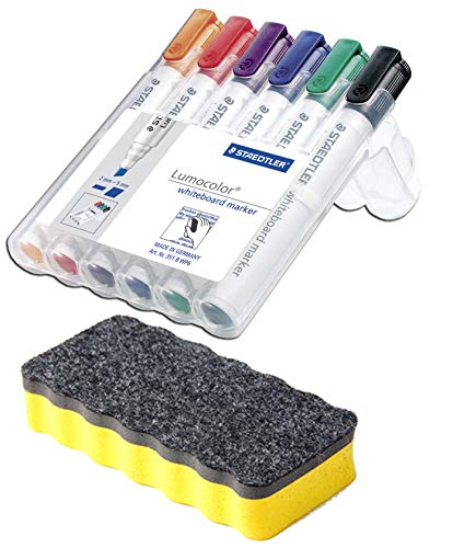 Staedtler 351 B WP6 Lumocolor whiteboard marker, Staedtler Box mit 6 Farben, (1 Marker Set + Whiteboardlöscher)| Auch im Set mit diversem Zubehör wählbar Cover